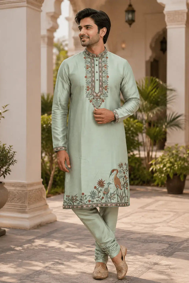 Royal Embroidered Soft Silk Kurta Polo Pant Set for Men | Multi Thread Work | 4 Colours - Rosepetals Luxe