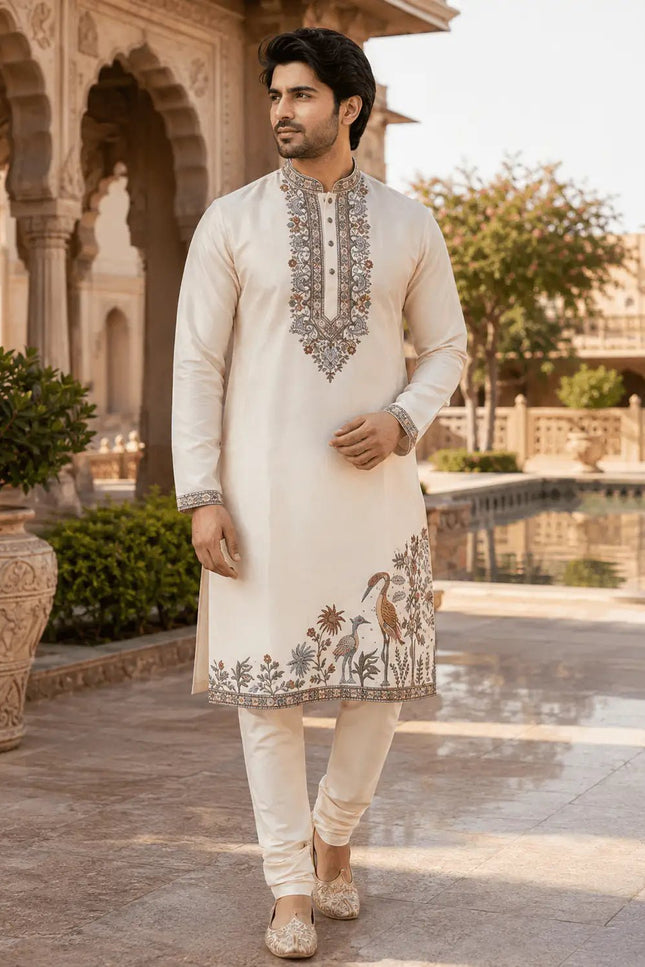 Royal Embroidered Soft Silk Kurta Polo Pant Set for Men | Multi Thread Work | 4 Colours - Rosepetals Luxe