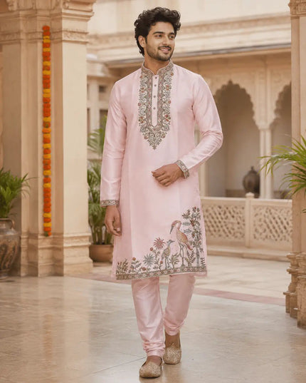 Royal Embroidered Soft Silk Kurta Polo Pant Set for Men | Multi Thread Work | 4 Colours - Rosepetals Luxe