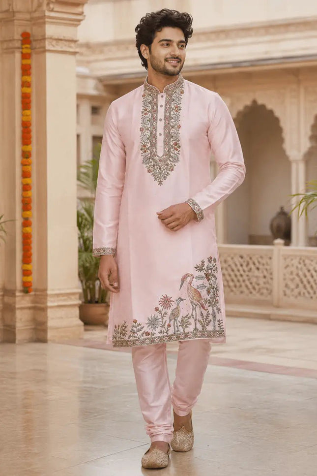 Royal Embroidered Soft Silk Kurta Polo Pant Set for Men | Multi Thread Work | 4 Colours - Rosepetals Luxe