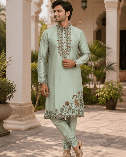 Royal Embroidered Soft Silk Kurta Polo Pant Set for Men | Multi Thread Work | 4 Colours - Rosepetals Luxe