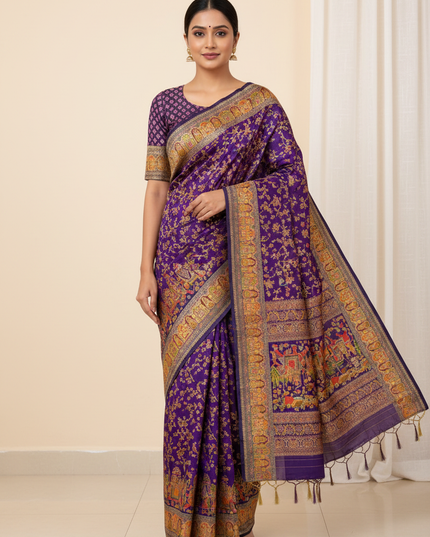 Hand-Dyed Rajwadi Pashmina Silk Saree with Kashmiri Thread-Woven Pallu & Zari Border - Rosepetals Luxe