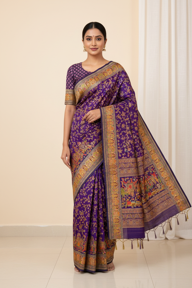 Hand-Dyed Rajwadi Pashmina Silk Saree with Kashmiri Thread-Woven Pallu & Zari Border - Rosepetals Luxe