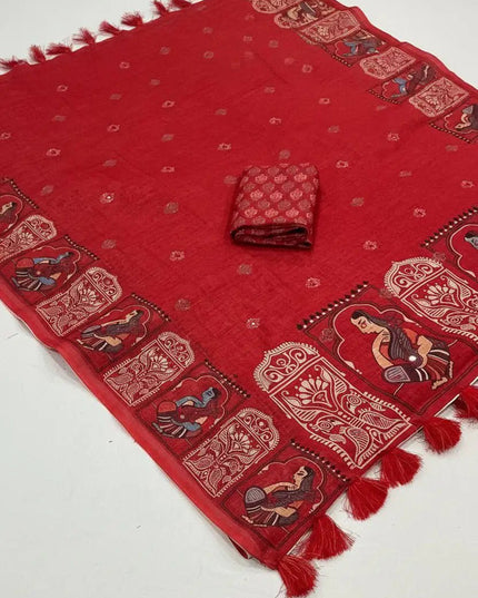 Rust Linen Kalamkari Saree | Aari Mirror Work | Cotton Tassel Pallu | Single Edition - Rosepetals Luxe