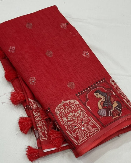 Rust Linen Kalamkari Saree | Aari Mirror Work | Cotton Tassel Pallu | Single Edition - Rosepetals Luxe