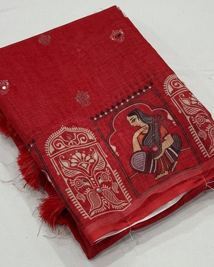 Rust Linen Kalamkari Saree | Aari Mirror Work | Cotton Tassel Pallu | Single Edition - Rosepetals Luxe