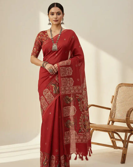 Rust Linen Kalamkari Saree | Aari Mirror Work | Cotton Tassel Pallu | Single Edition - Rosepetals Luxe
