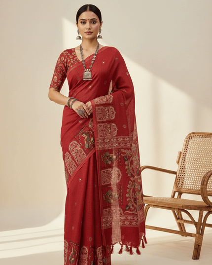 Rust Linen Kalamkari Saree | Aari Mirror Work | Cotton Tassel Pallu | Single Edition - Rosepetals Luxe