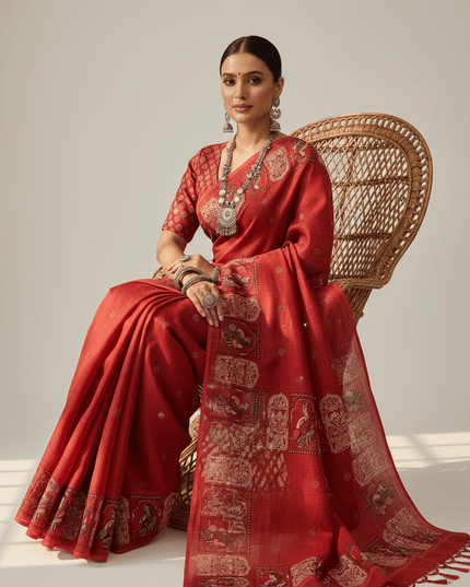 Rust Linen Kalamkari Saree | Aari Mirror Work | Cotton Tassel Pallu | Single Edition - Rosepetals Luxe