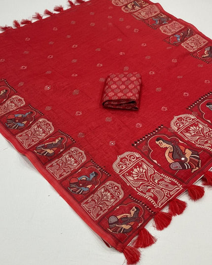 Rust Linen Kalamkari Saree | Aari Mirror Work | Cotton Tassel Pallu | Single Edition - Rosepetals Luxe