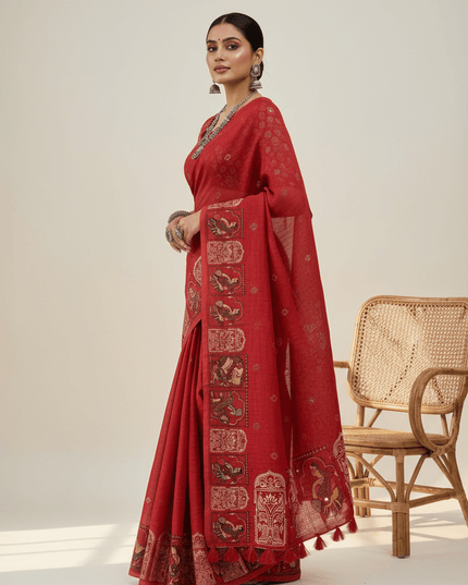 Rust Linen Kalamkari Saree | Aari Mirror Work | Cotton Tassel Pallu | Single Edition - Rosepetals Luxe
