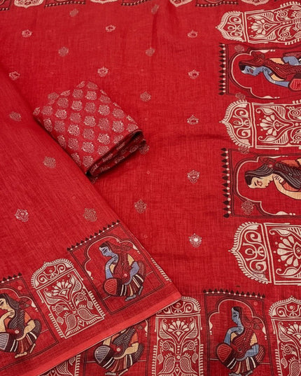 Rust Linen Kalamkari Saree | Aari Mirror Work | Cotton Tassel Pallu | Single Edition - Rosepetals Luxe
