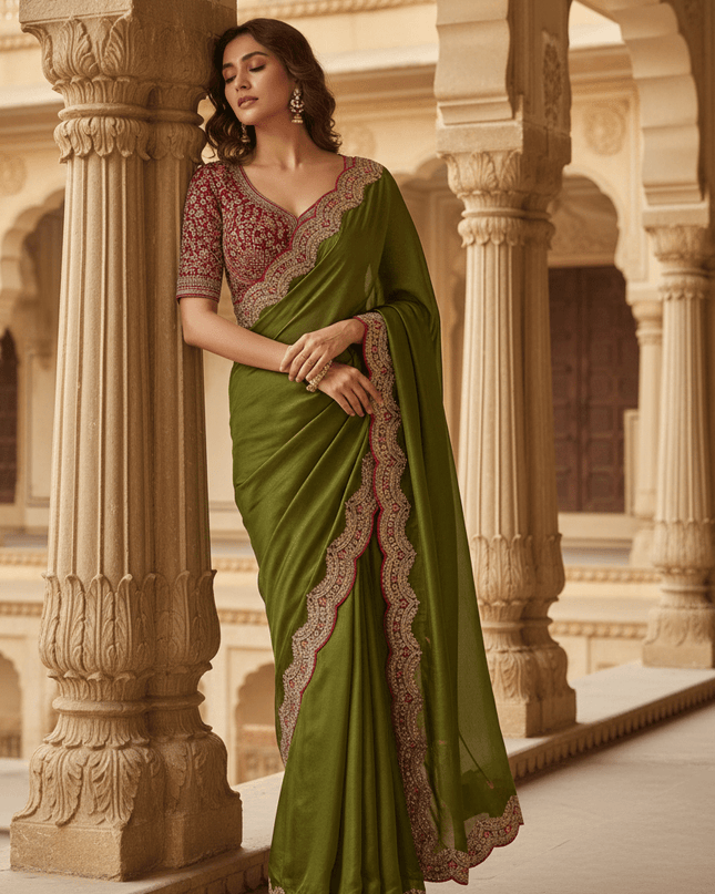 Sabyasachi Inspired Satin Soft Silk Saree with Embroidery Blouse - Rosepetals Luxe