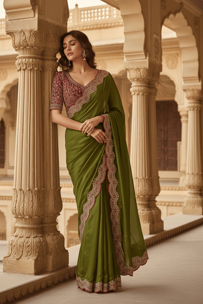 Sabyasachi Inspired Satin Soft Silk Saree with Embroidery Blouse - Rosepetals Luxe