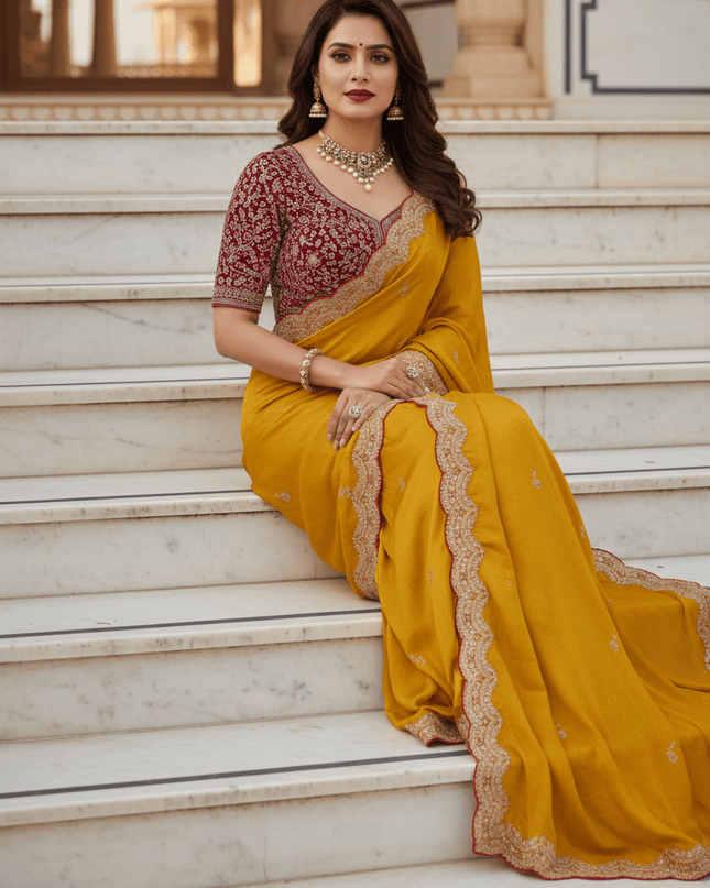 Sabyasachi Inspired Satin Soft Silk Saree with Embroidery Blouse - Rosepetals Luxe
