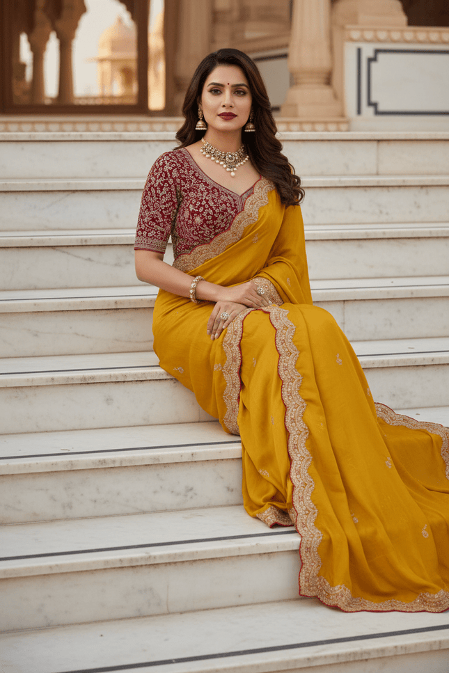 Sabyasachi Inspired Satin Soft Silk Saree with Embroidery Blouse - Rosepetals Luxe