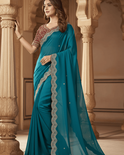 Sabyasachi Inspired Satin Soft Silk Saree with Embroidery Blouse - Rosepetals Luxe