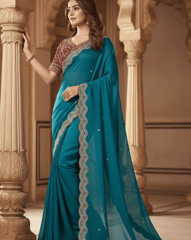 Sabyasachi Inspired Satin Soft Silk Saree with Embroidery Blouse - Rosepetals Luxe