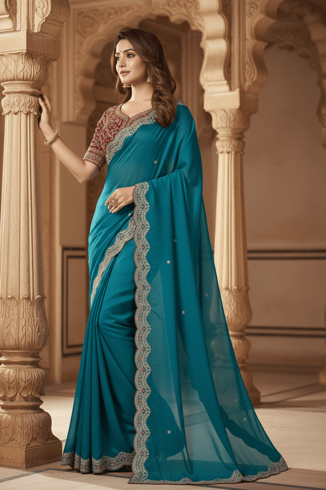 Sabyasachi Inspired Satin Soft Silk Saree with Embroidery Blouse - Rosepetals Luxe