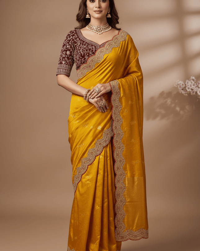 Sabyasachi Inspired Satin Soft Silk Saree with Embroidery Blouse - Rosepetals Luxe