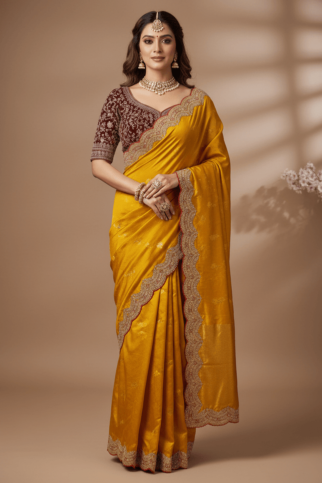 Sabyasachi Inspired Satin Soft Silk Saree with Embroidery Blouse - Rosepetals Luxe