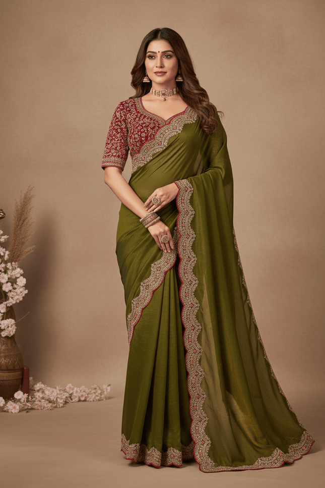 Sabyasachi Inspired Satin Soft Silk Saree with Embroidery Blouse - Rosepetals Luxe