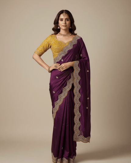 Sabyasachi Inspired Satin Soft Silk Saree with Embroidery Blouse - Rosepetals Luxe