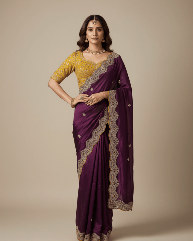 Sabyasachi Inspired Satin Soft Silk Saree with Embroidery Blouse - Rosepetals Luxe