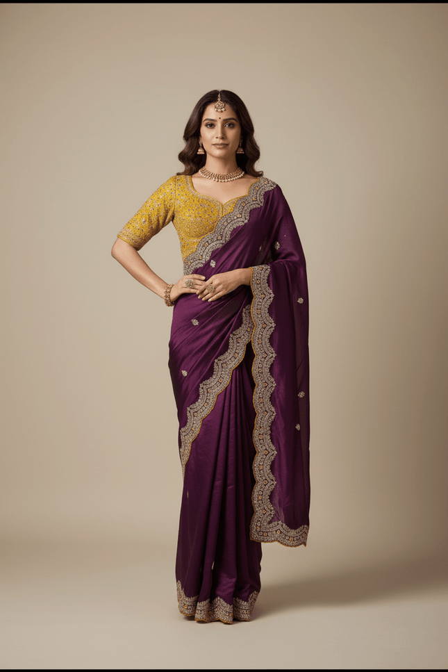 Sabyasachi Inspired Satin Soft Silk Saree with Embroidery Blouse - Rosepetals Luxe