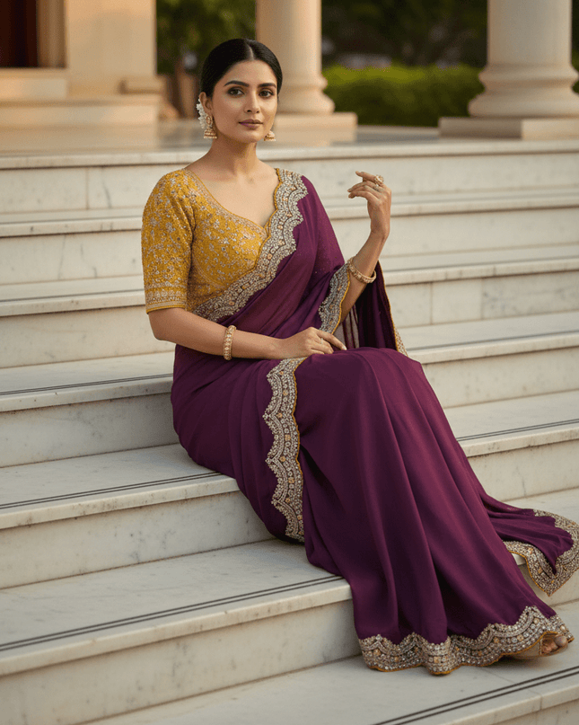Sabyasachi Inspired Satin Soft Silk Saree with Embroidery Blouse - Rosepetals Luxe