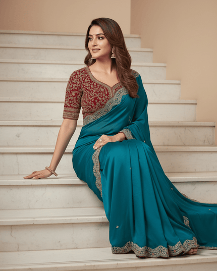 Sabyasachi Inspired Satin Soft Silk Saree with Embroidery Blouse - Rosepetals Luxe