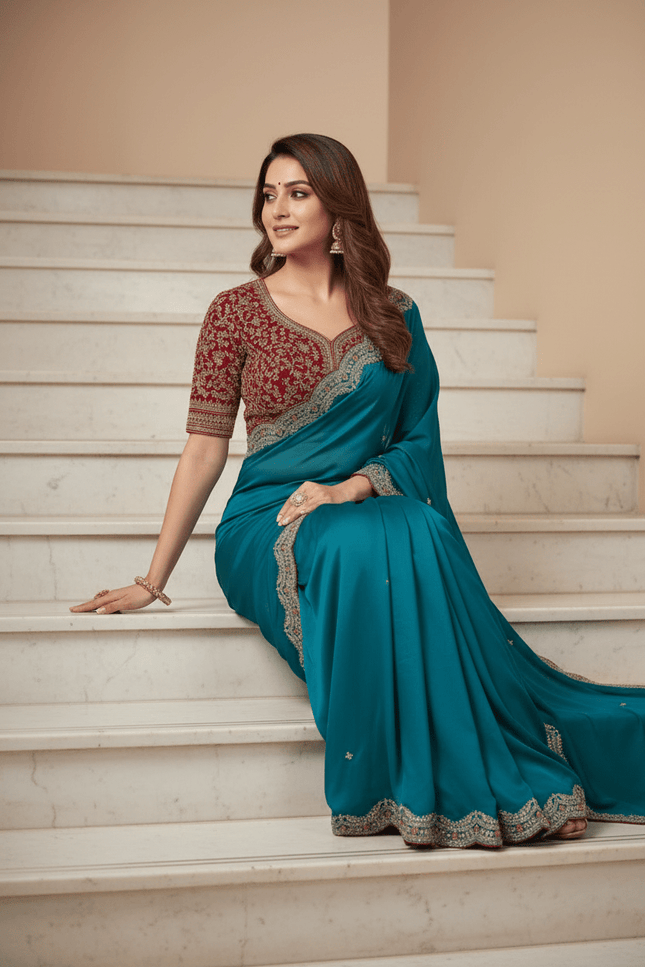 Sabyasachi Inspired Satin Soft Silk Saree with Embroidery Blouse - Rosepetals Luxe