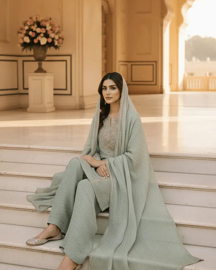 Salsa Silk Sharara Palazzo Suit Set | Embroidery & Stone Work | Lace Border Dupatta | Raksha Bandhan Festive Wear | Green - Rosepetals Luxe