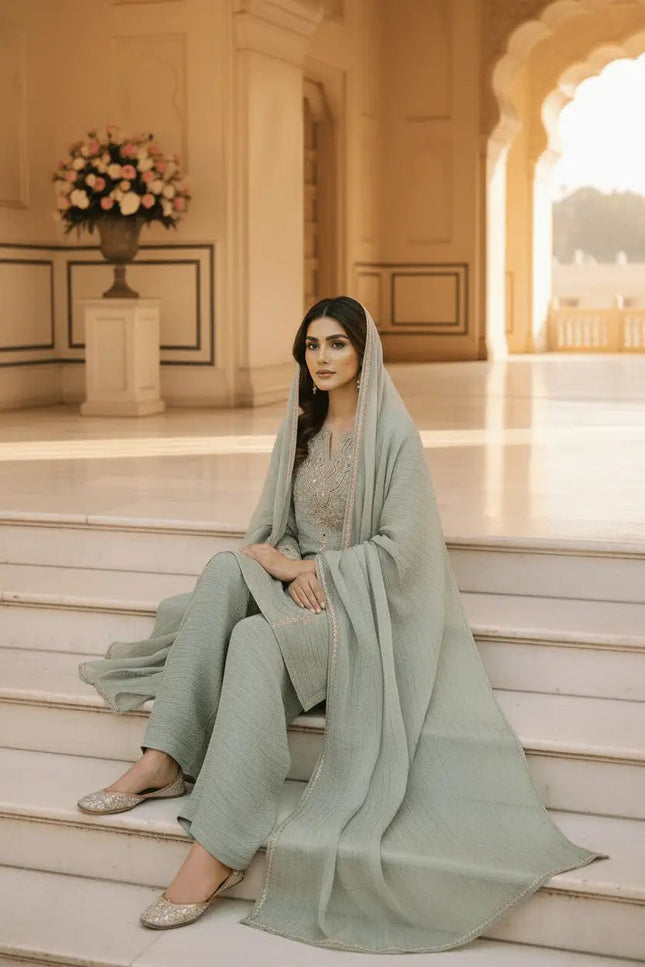 Salsa Silk Sharara Palazzo Suit Set | Embroidery & Stone Work | Lace Border Dupatta | Raksha Bandhan Festive Wear | Green - Rosepetals Luxe