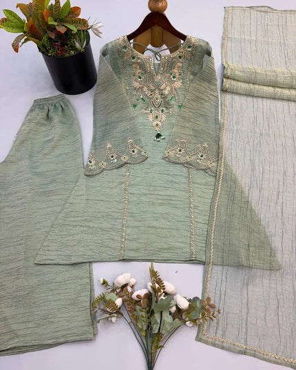 Salsa Silk Sharara Palazzo Suit Set | Embroidery & Stone Work | Lace Border Dupatta | Raksha Bandhan Festive Wear | Green - Rosepetals Luxe