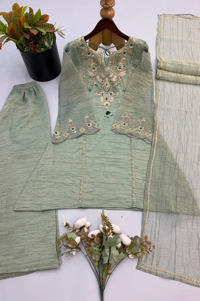 Salsa Silk Sharara Palazzo Suit Set | Embroidery & Stone Work | Lace Border Dupatta | Raksha Bandhan Festive Wear | Green - Rosepetals Luxe