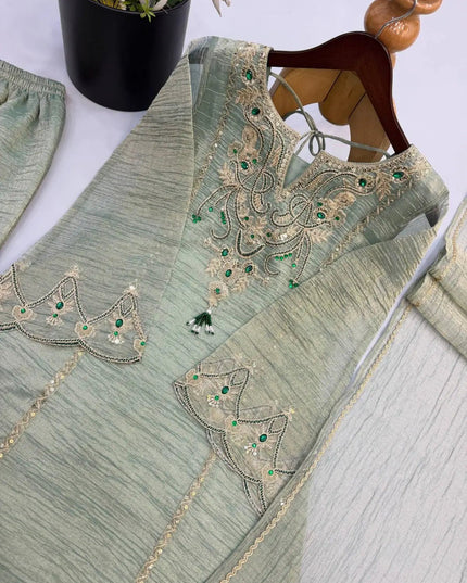 Salsa Silk Sharara Palazzo Suit Set | Embroidery & Stone Work | Lace Border Dupatta | Raksha Bandhan Festive Wear | Green - Rosepetals Luxe