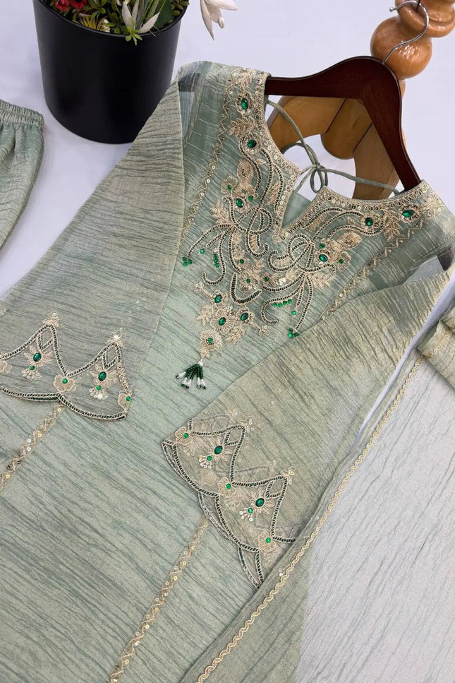 Salsa Silk Sharara Palazzo Suit Set | Embroidery & Stone Work | Lace Border Dupatta | Raksha Bandhan Festive Wear | Green - Rosepetals Luxe