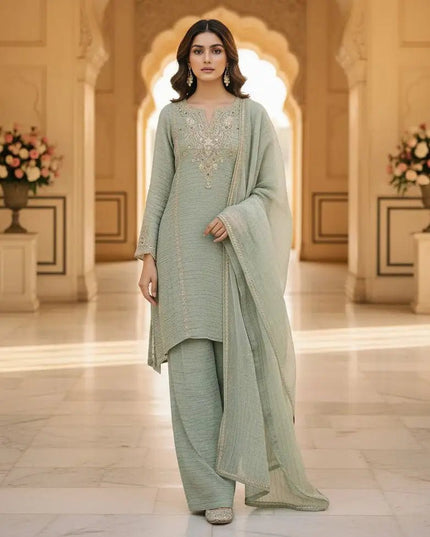 Salsa Silk Sharara Palazzo Suit Set | Embroidery & Stone Work | Lace Border Dupatta | Raksha Bandhan Festive Wear | Green - Rosepetals Luxe