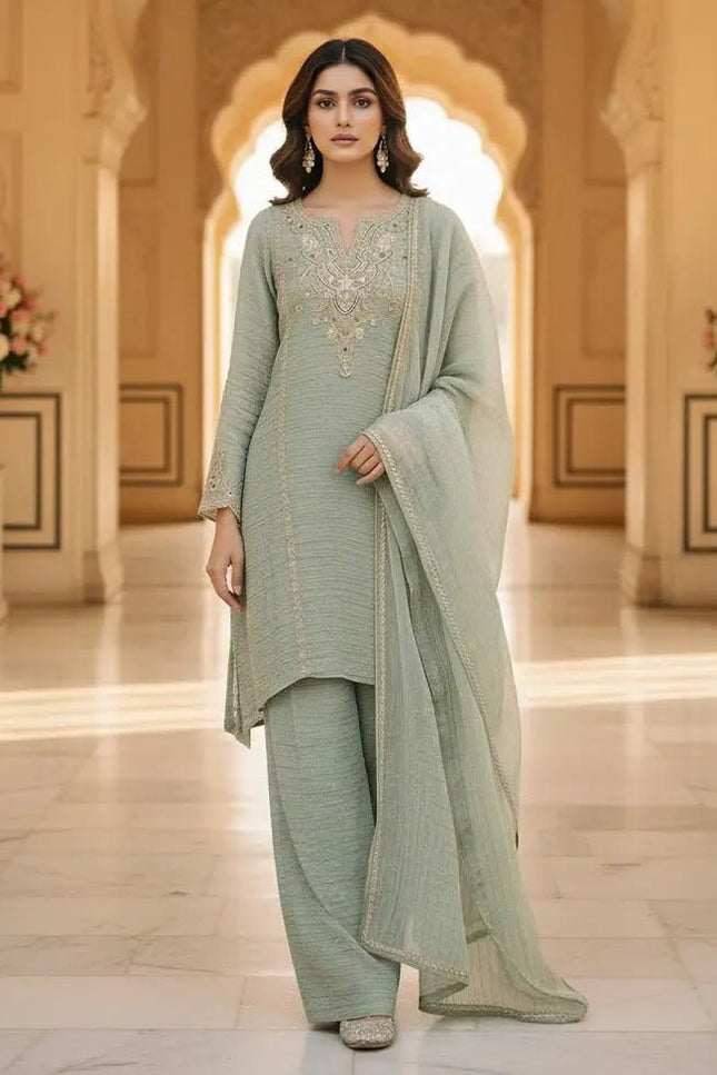 Salsa Silk Sharara Palazzo Suit Set | Embroidery & Stone Work | Lace Border Dupatta | Raksha Bandhan Festive Wear | Green - Rosepetals Luxe