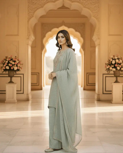 Salsa Silk Sharara Palazzo Suit Set | Embroidery & Stone Work | Lace Border Dupatta | Raksha Bandhan Festive Wear | Green - Rosepetals Luxe