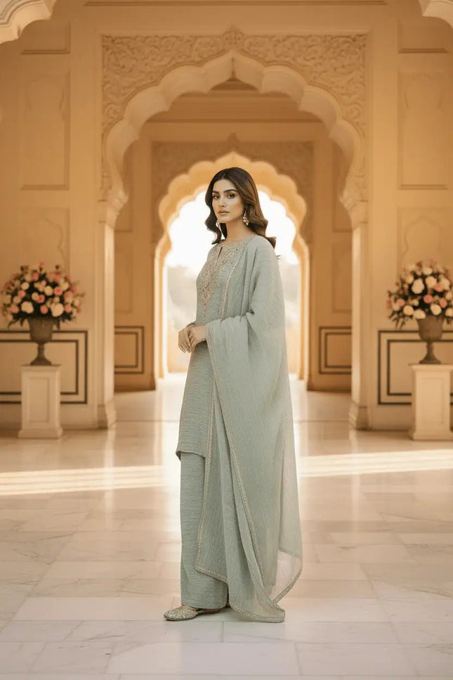 Salsa Silk Sharara Palazzo Suit Set | Embroidery & Stone Work | Lace Border Dupatta | Raksha Bandhan Festive Wear | Green - Rosepetals Luxe