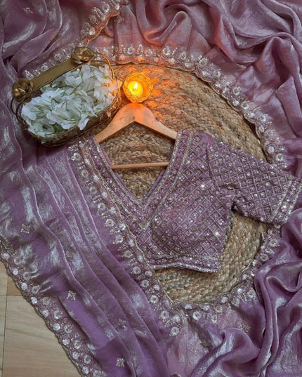 Satin Chiffon Purple Saree with Real Beads Work & Unstitched Blouse - Rosepetals Luxe