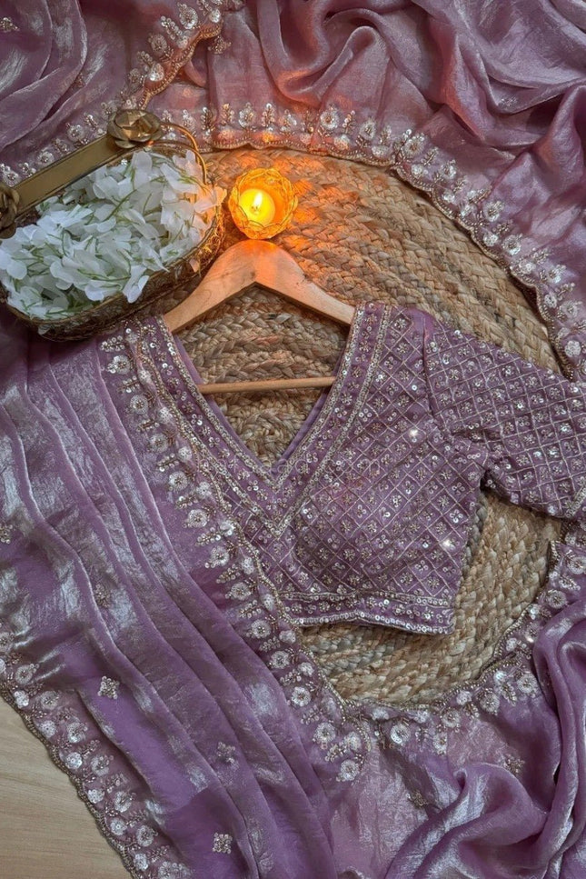Satin Chiffon Purple Saree with Real Beads Work & Unstitched Blouse - Rosepetals Luxe