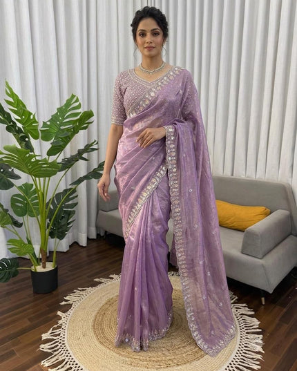 Satin Chiffon Purple Saree with Real Beads Work & Unstitched Blouse - Rosepetals Luxe