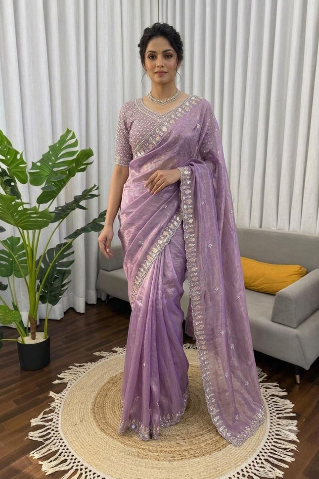 Satin Chiffon Purple Saree with Real Beads Work & Unstitched Blouse - Rosepetals Luxe