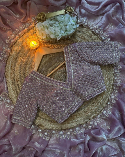 Satin Chiffon Purple Saree with Real Beads Work & Unstitched Blouse - Rosepetals Luxe