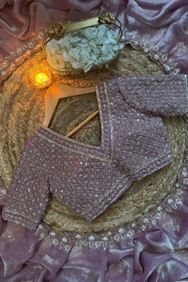 Satin Chiffon Purple Saree with Real Beads Work & Unstitched Blouse - Rosepetals Luxe