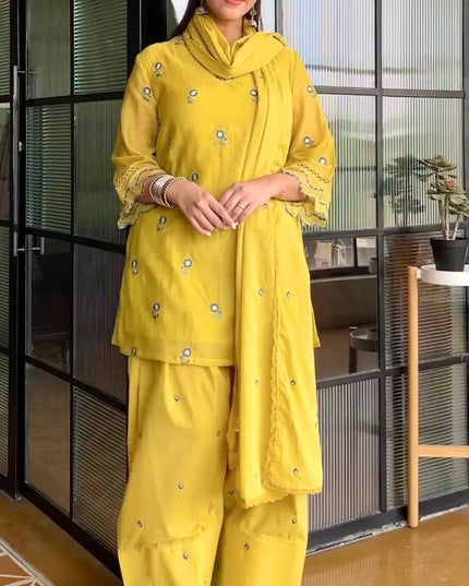 Satin Mul Chanderi Embroidery Farshi Palazzo Suit Set | Fully Stitched 3-Piece - Rosepetals Luxe