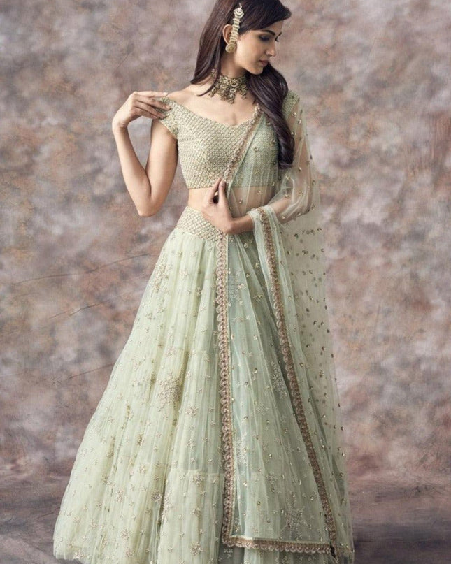 Sea Green Net Zari Lehenga Choli Set with Dupatta | Festive & Wedding Wear - Rosepetals Luxe